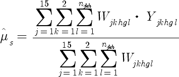 성별 평균 = \frac{\sum_{j=1}^{15} \sum_{k=1}^2 \sum_{l=1}^n _{jkh} W _{jkhgl} * Y _{jkhgl}}{\sum_{j=1}^{15} \sum_{k=1}^2 \sum_{l=1}^n _{jkh} W _{jkhgl}}